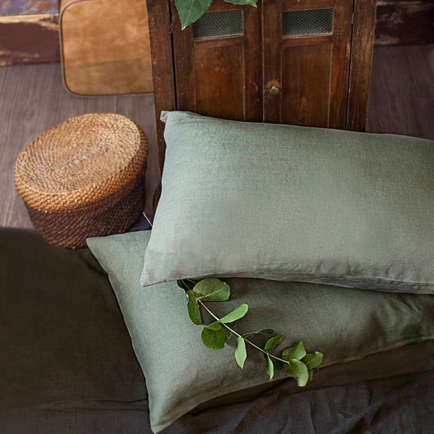Moss Green Linen Pillowcase