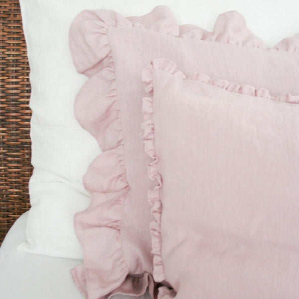Pastel Pink Linen Pillow Cover with Small Ruffles