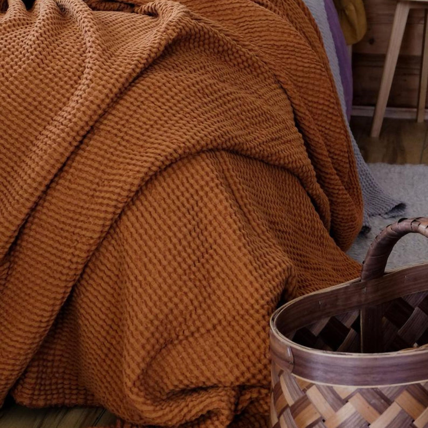 Cinnamon color Waffle textured Linen Blanket