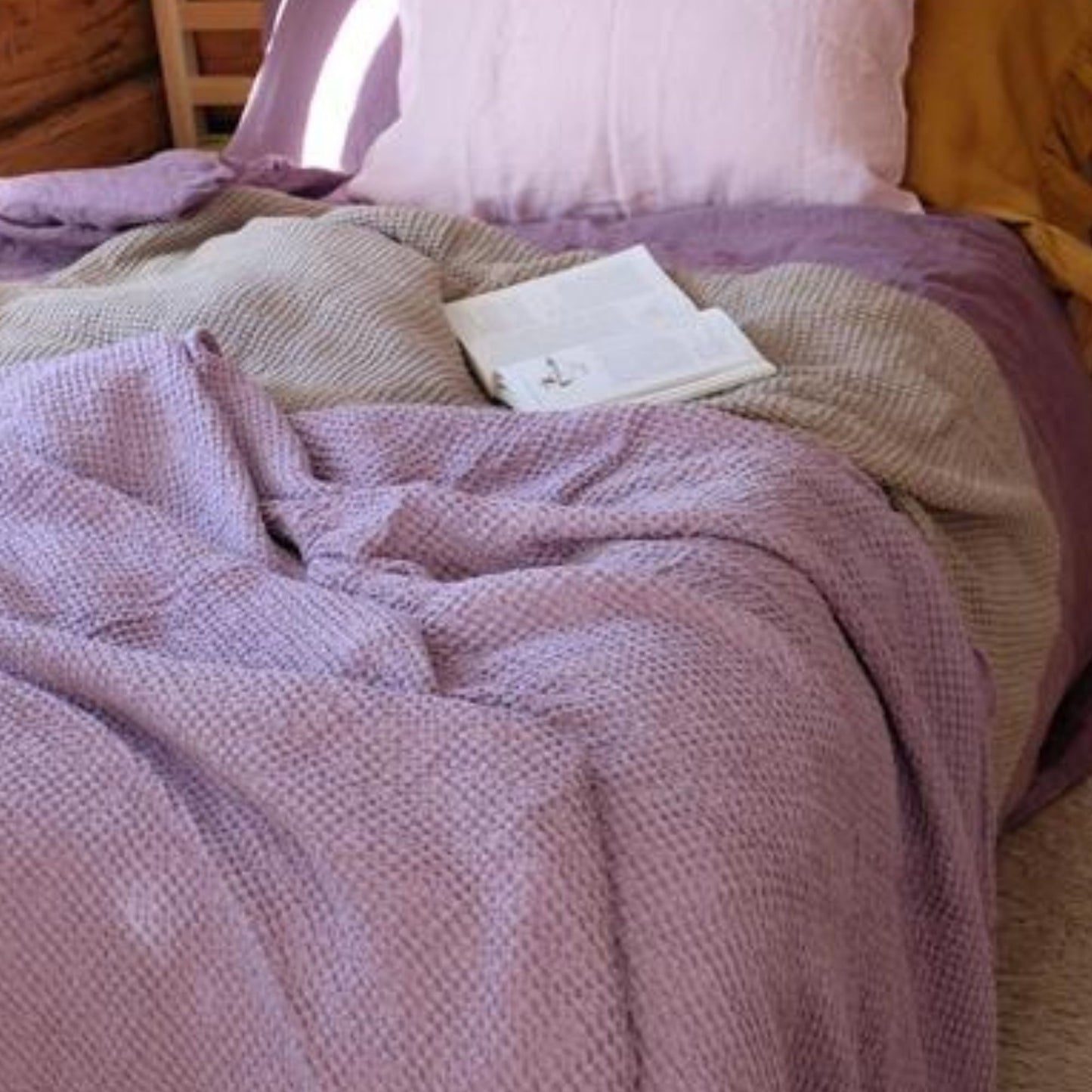 Lilac color Waffle textured Linen Blanket