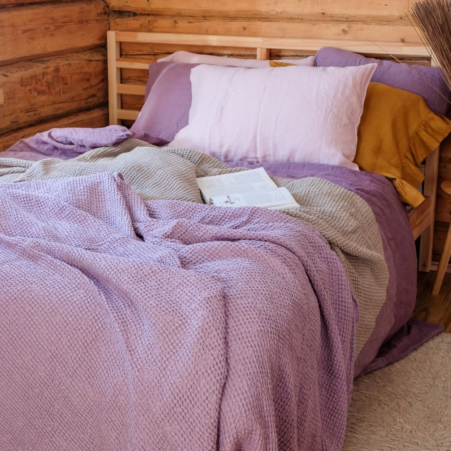 Lilac color Waffle textured Linen Blanket