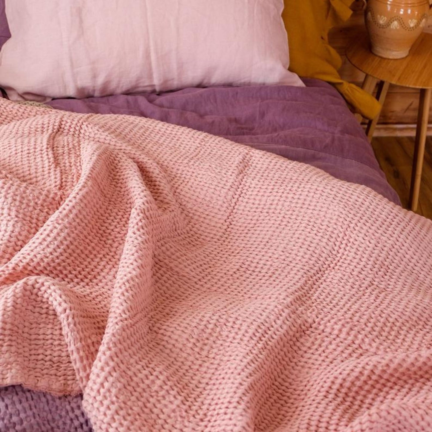 Pastel Pink color Waffle textured Linen Blanket