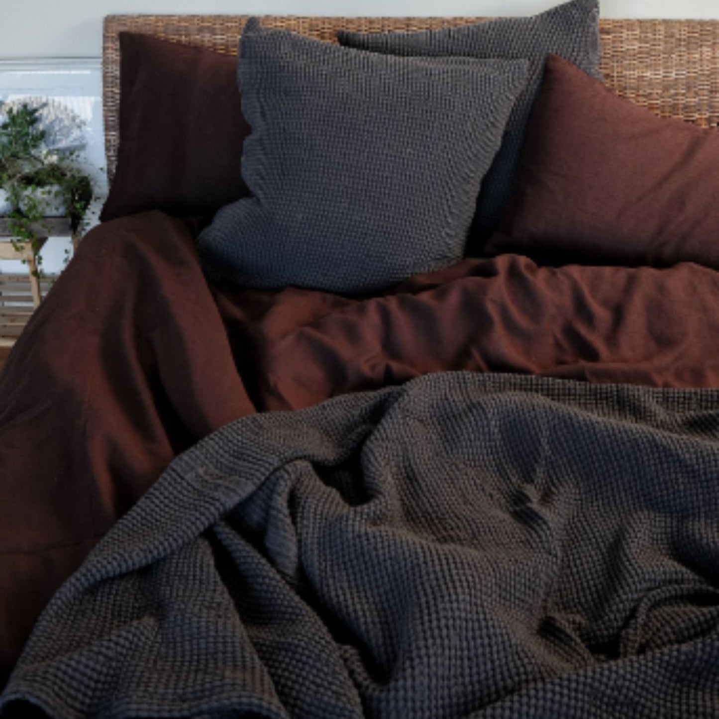 Dark Gray Waffle textured Linen Blanket