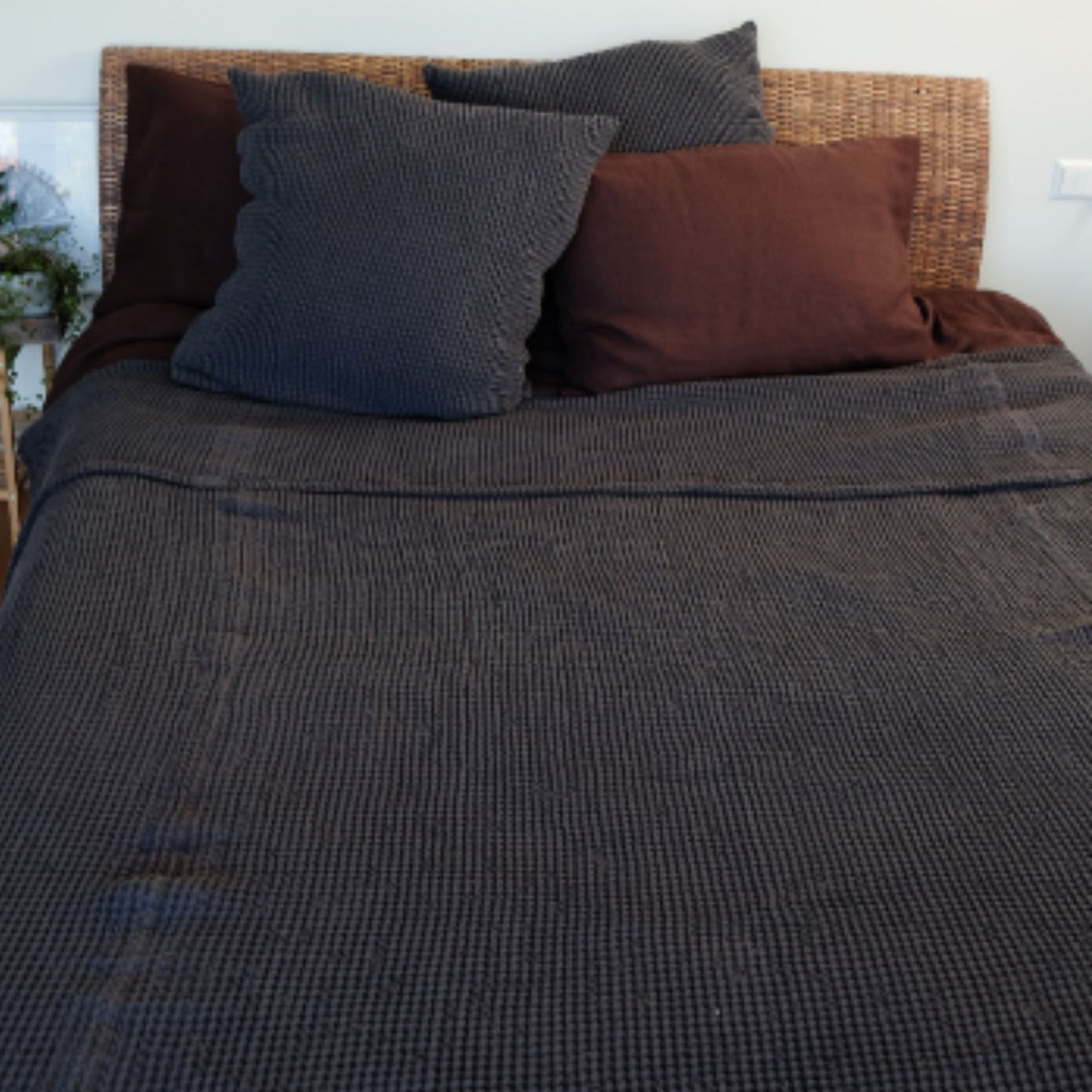 Dark Gray Waffle textured Linen Blanket