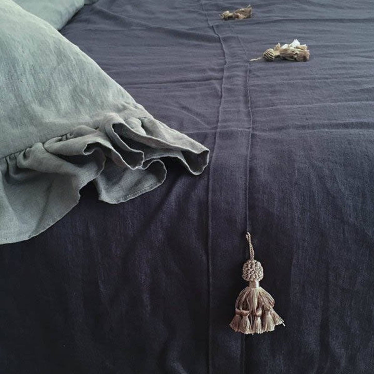 Charcoal Gray Linen Bed Throw Bohemian Style