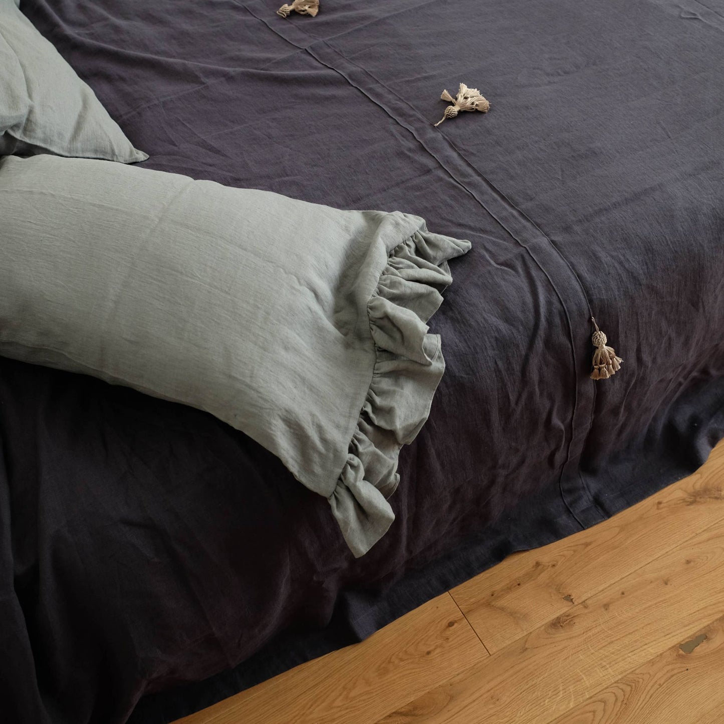 Charcoal Gray Linen Bed Throw Bohemian Style