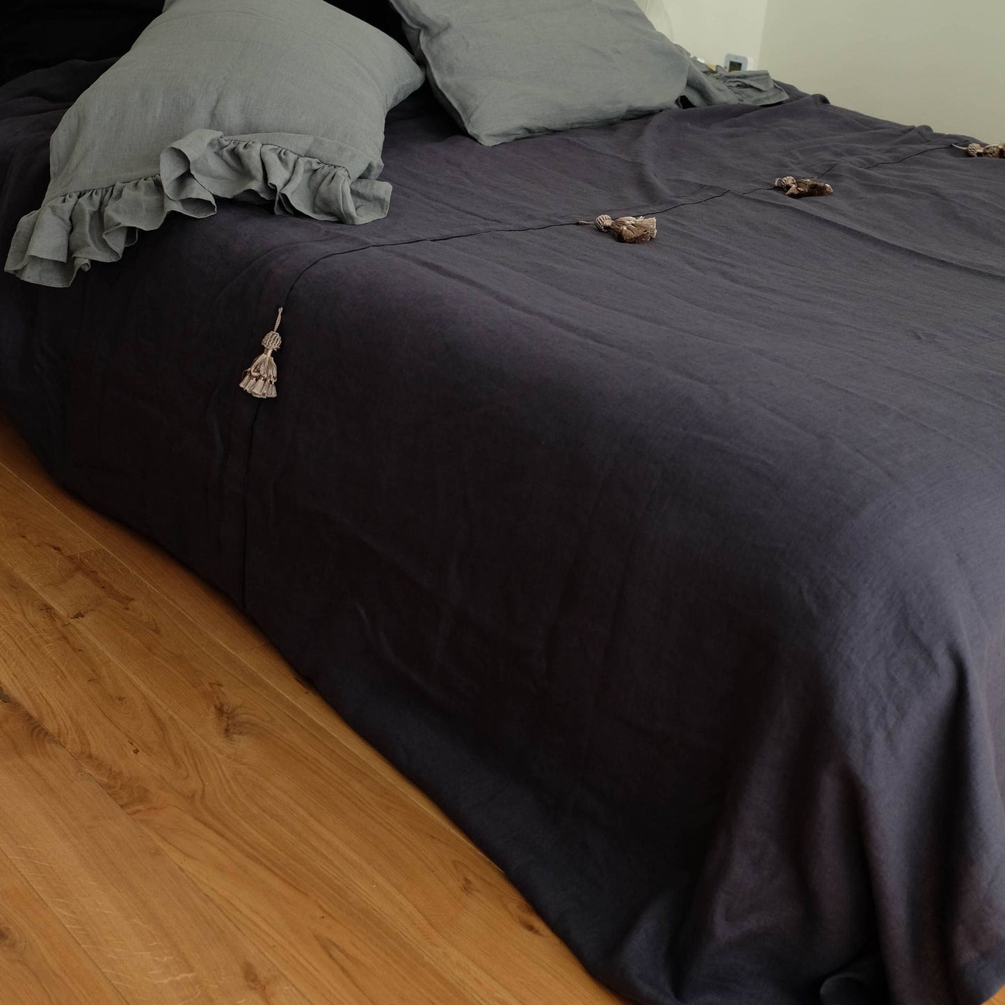 Charcoal Gray Linen Bed Throw Bohemian Style