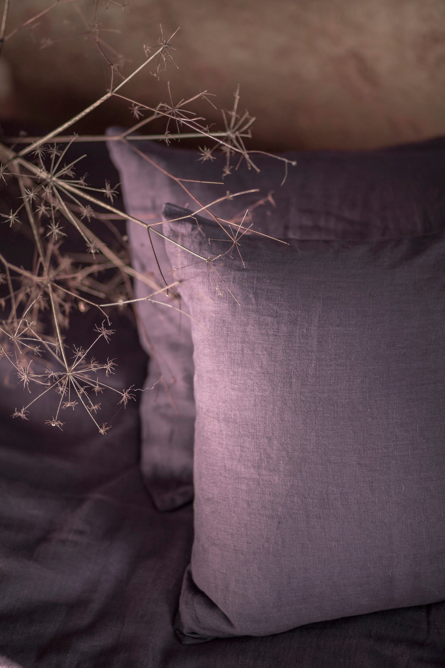 Aubergine Linen Pillow Case made of softened linen in standard, queen and king