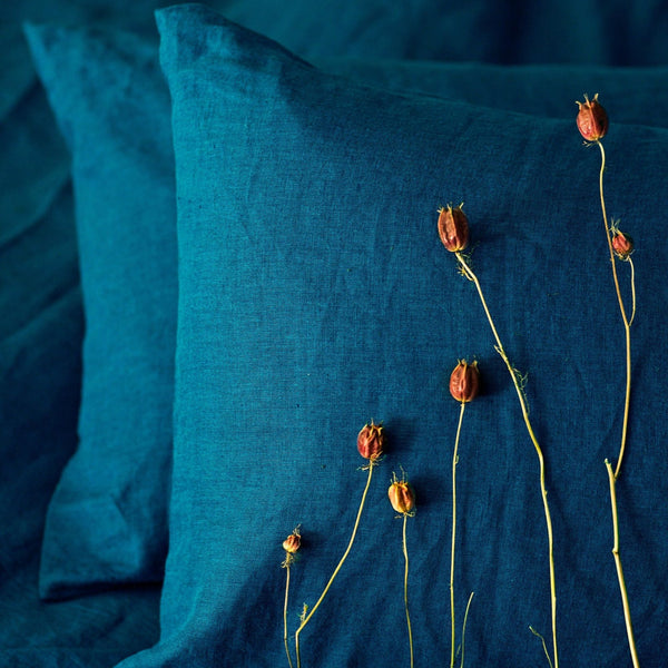 Sea Blue color Linen Bedding set-Duvet cover & 2 Pillow Cases (3 pcs)