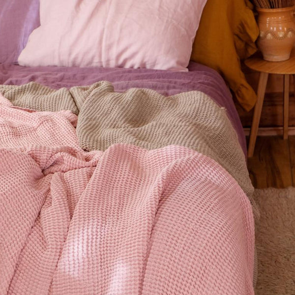 Pastel Pink color Waffle textured Linen Blanket