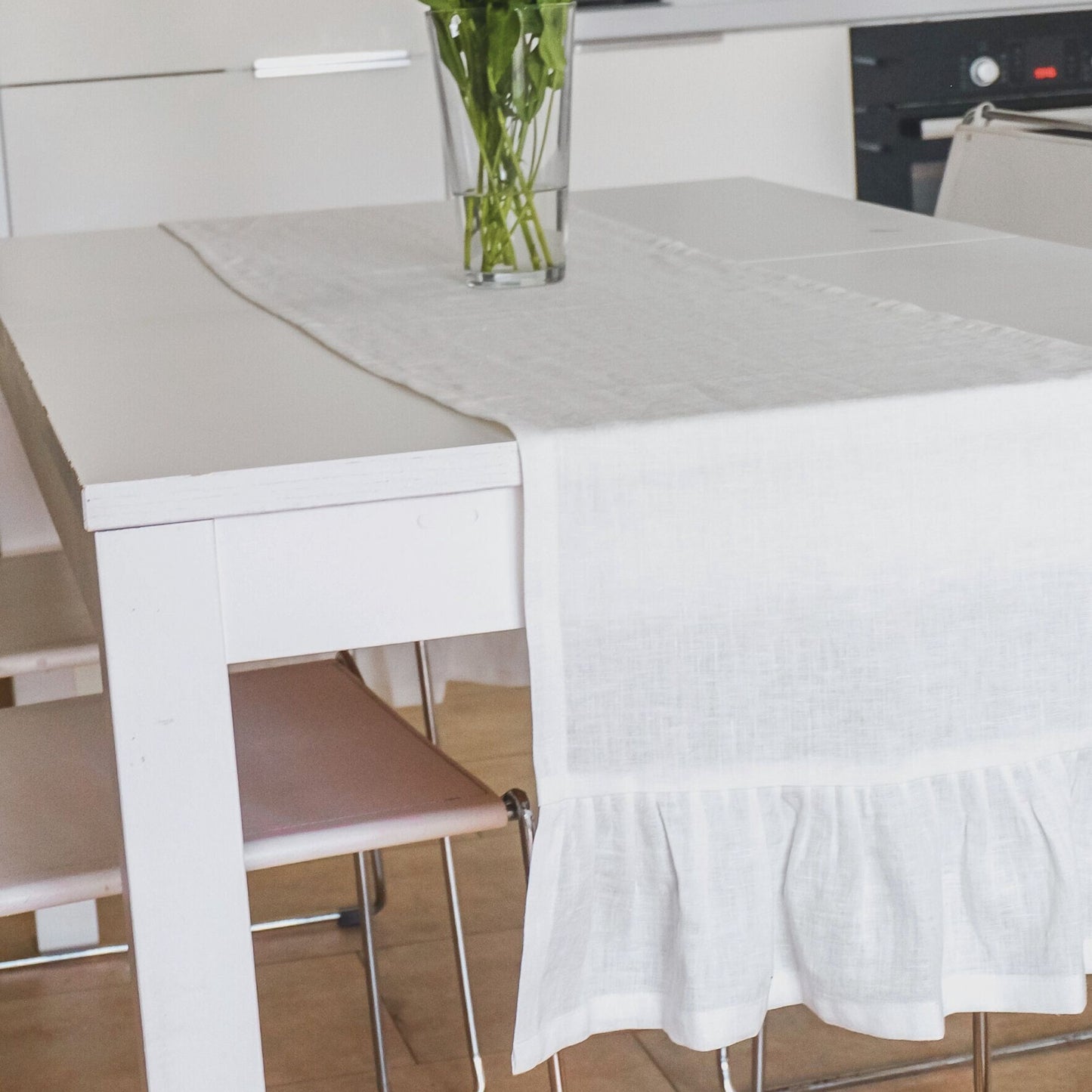 Line table runner with ruffles. Ruffled linen table runner.