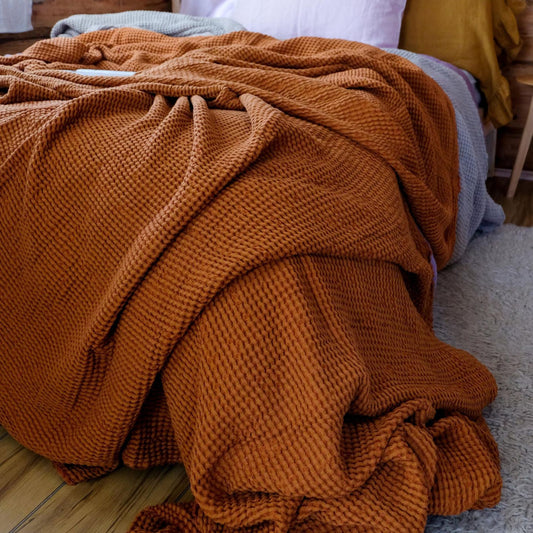 Cinnamon color Waffle textured Linen Blanket