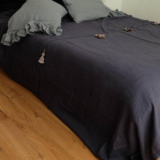 Charcoal Gray Linen Bed Throw Bohemian Style