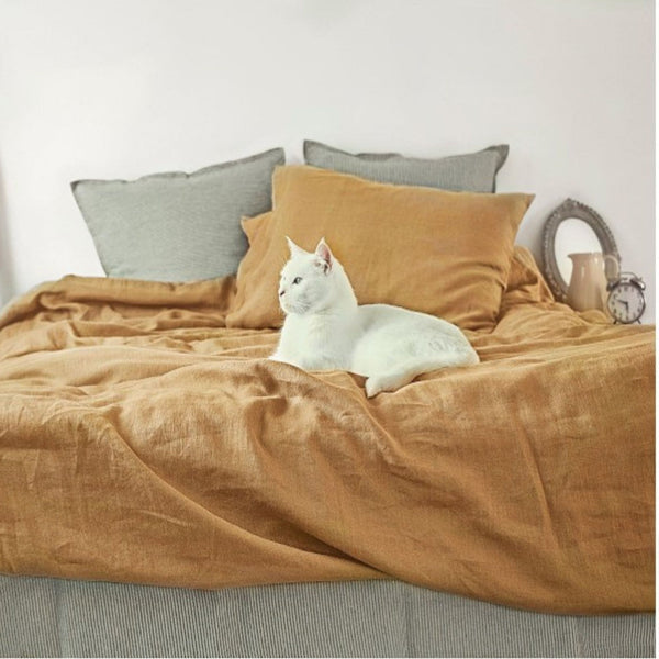 Deep Mustard color Linen Bedding set-Duvet cover & 2 Pillow Cases (3 pcs)