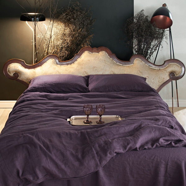 Aubergine color Linen Bedding set-Duvet cover & 2 Pillow Cases (3 pcs)