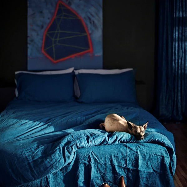 Sea Blue color Linen Bedding set-Duvet cover & 2 Pillow Cases (3 pcs)